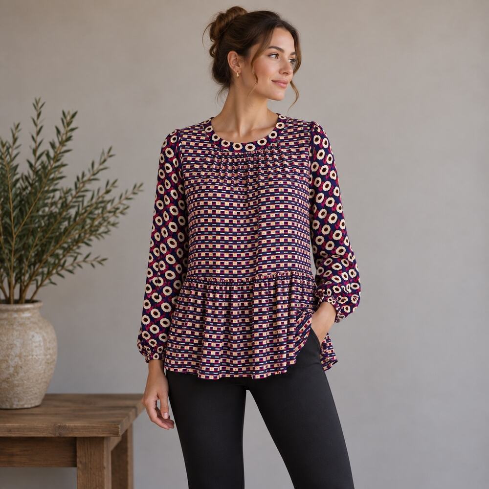 Maeve Purple Yellow & Magenta Floral long Sleeve Blouse Top Small